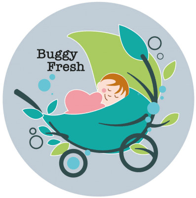 Sleeping baby in colourful buggy illustration