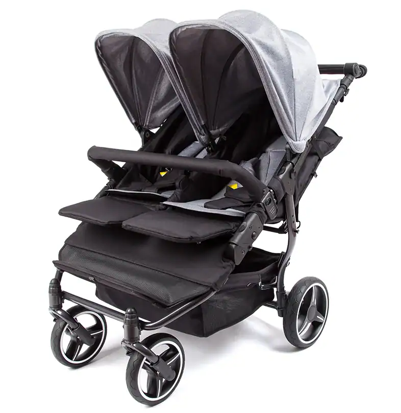 Double stroller with black and grey seats