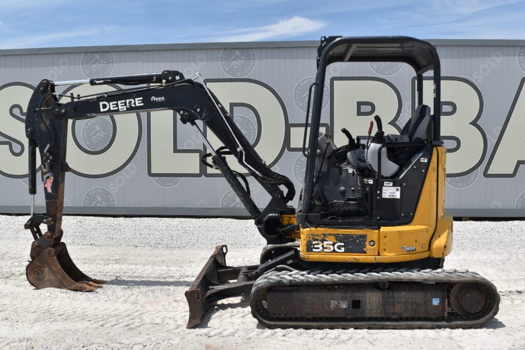 John Deere 35G compact excavator at heavy equipment auction.