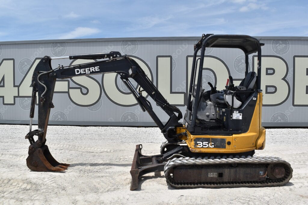 John Deere 35G compact excavator at heavy equipment auction.