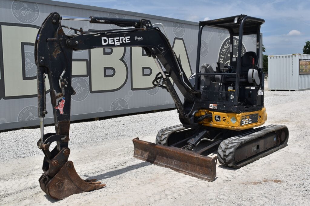 John Deere 35G mini excavator at heavy equipment auction.