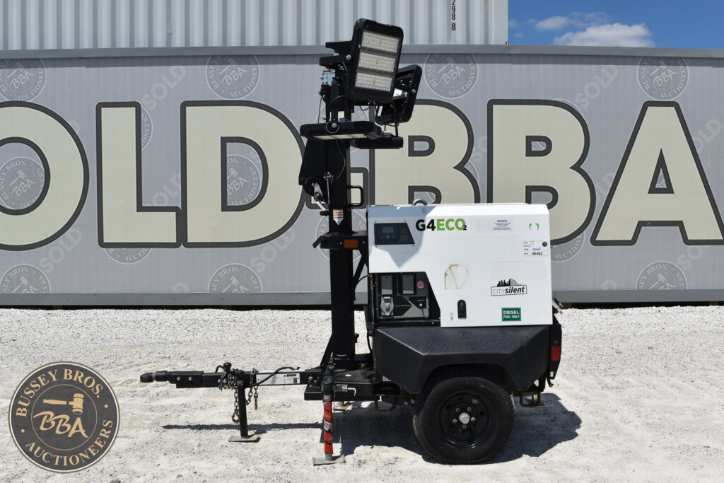 Mobile light tower for construction and auction site lighting.