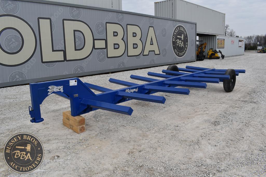 Farm trailer chassis for sale, heavy-duty blue frame with wheels, available at Bussey Bros Auctionee.