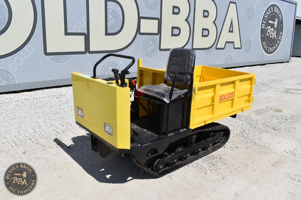 Mini tracked dumper with yellow cargo bed and black tracks, ideal for construction and landscaping.