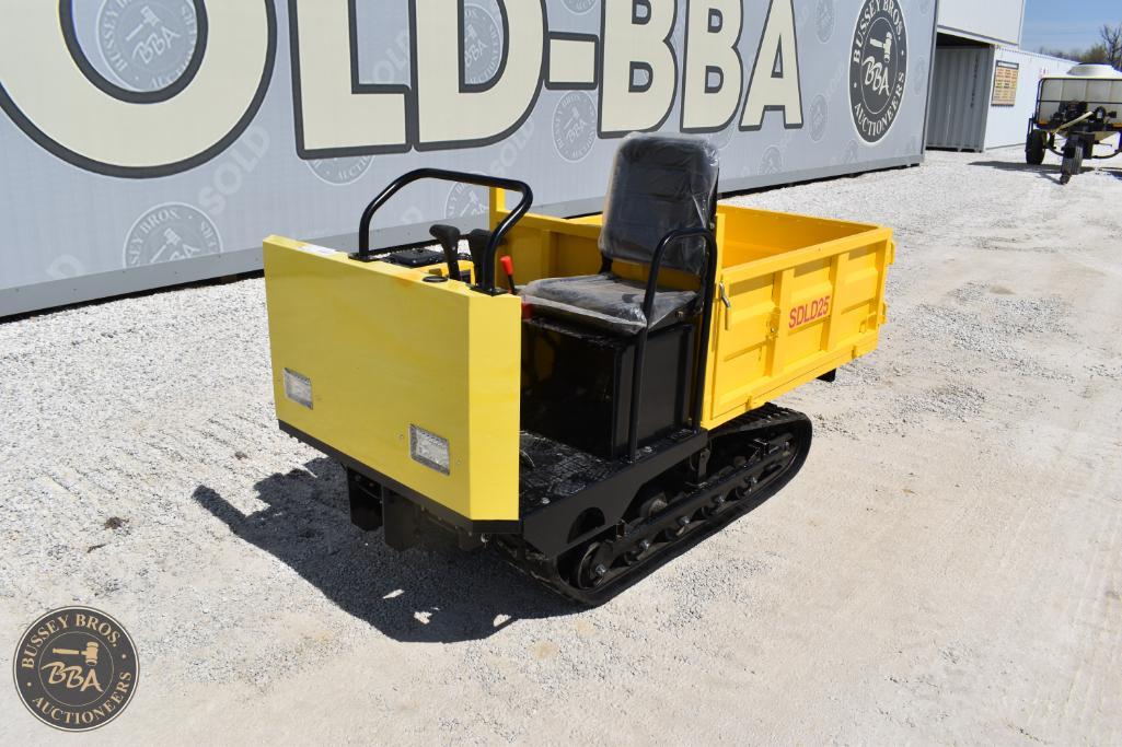 Mini tracked utility vehicle with yellow cargo bed and black tracks, ideal for industrial or constru.
