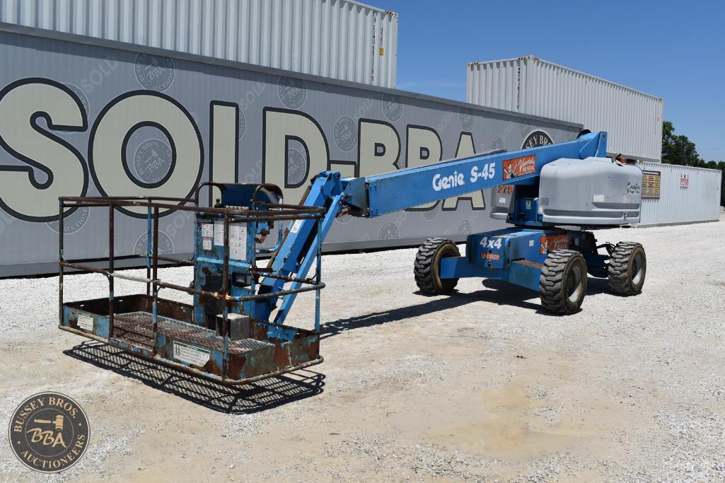 Used Genie S-45 boom lift for sale at Bussey Bros Auctioneers, ideal for construction and maintenanc.