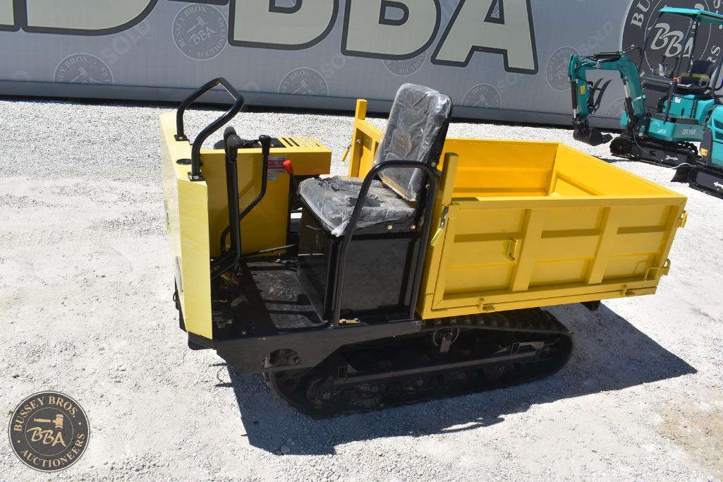 Mini tracked utility vehicle with yellow cargo bed and black seat, ideal for construction or landsca.