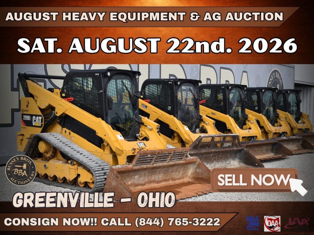 Poster for bid on heavy machinery and agricultural equipment at our August auction in Greenville, Ohio