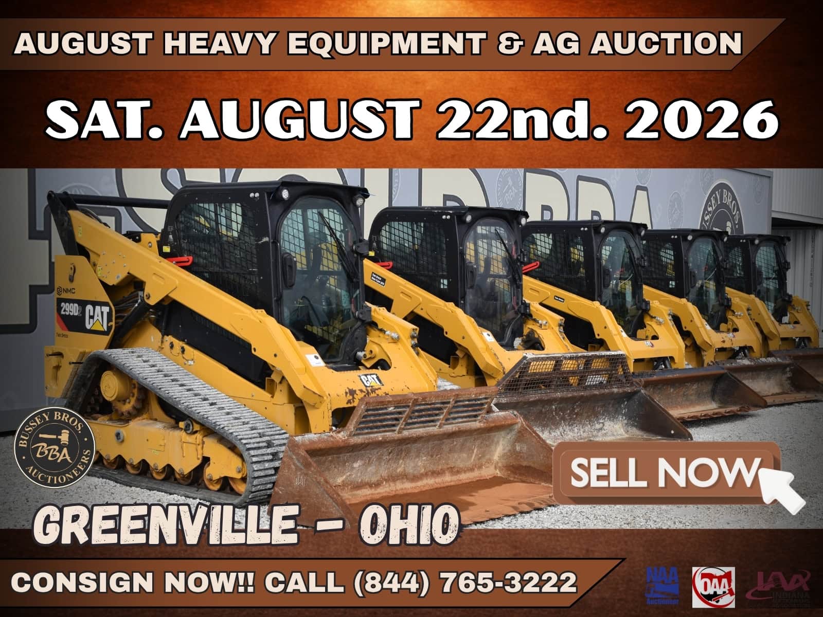 Poster for bid on heavy machinery and agricultural equipment at our August auction in Greenville, Ohio