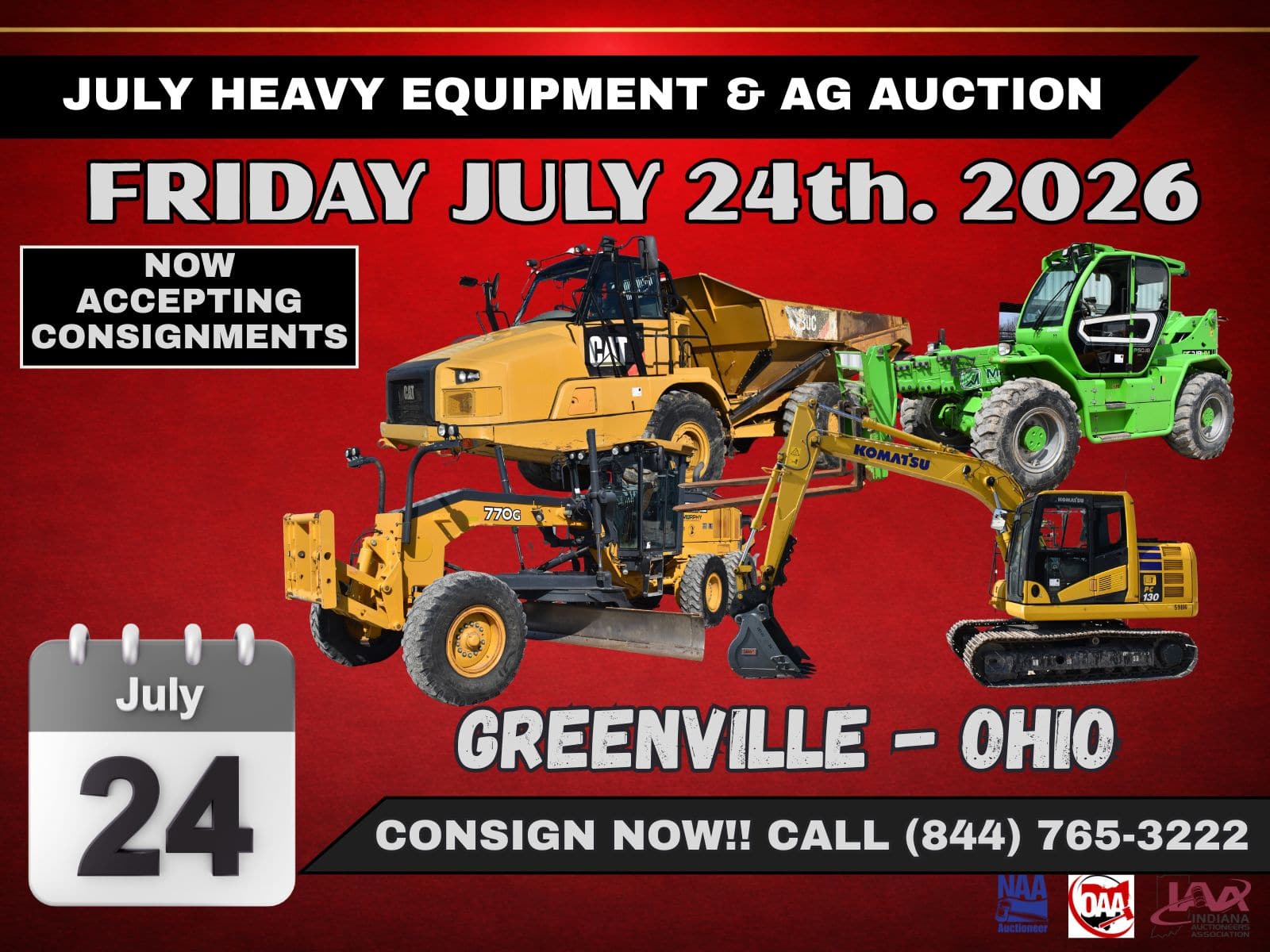 A poster for a heavy equipment and machinery auction in Greenville, Ohio on July 24th, 2026