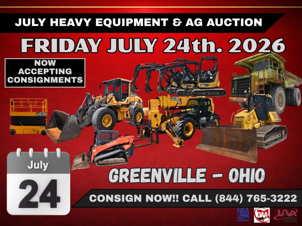 Heavy equipment auction scheduled for July 24, 2026, in Greenville, Ohio.