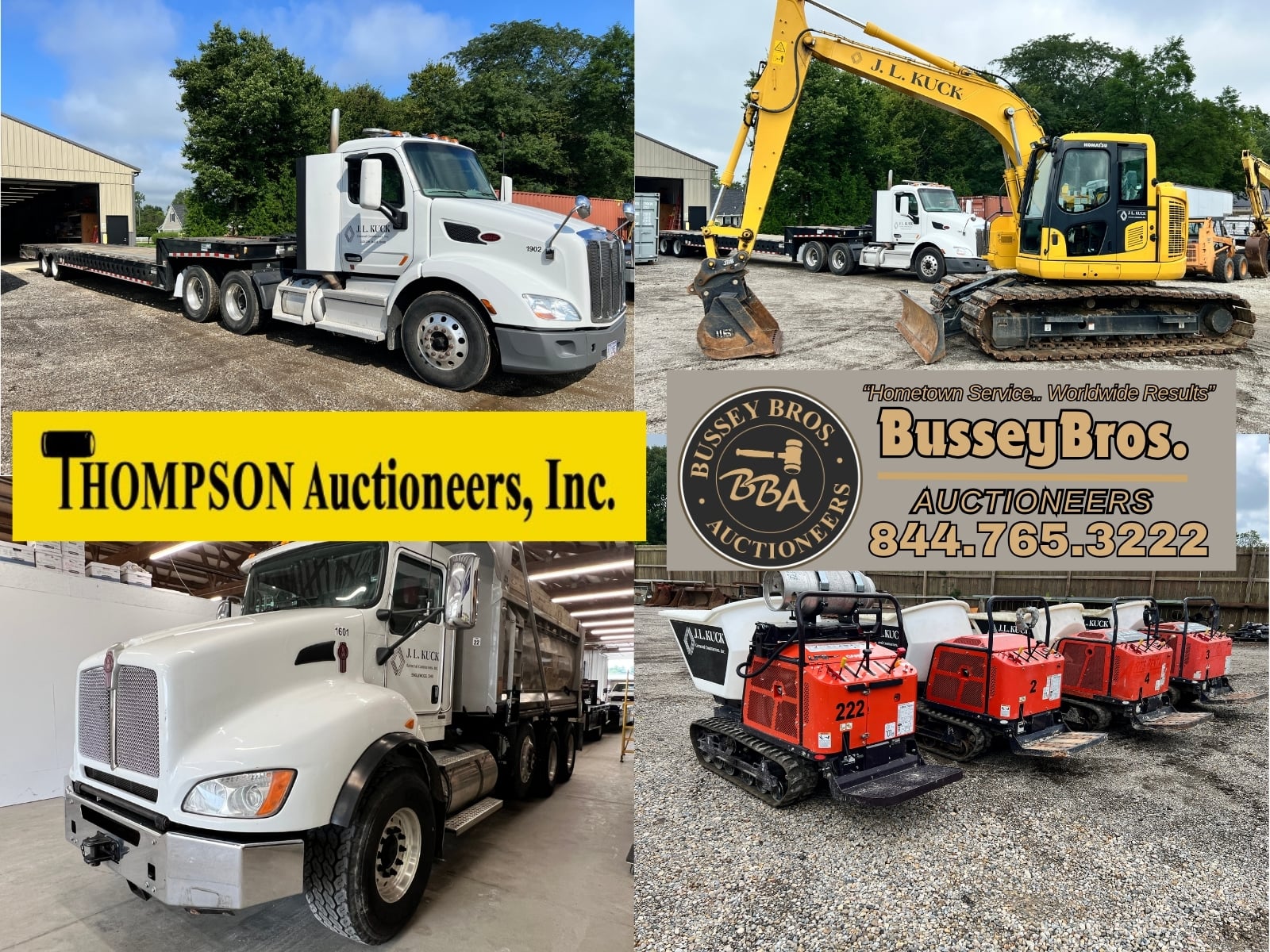 Construction equipment and trucks at Bussey Bros Auctioneers.