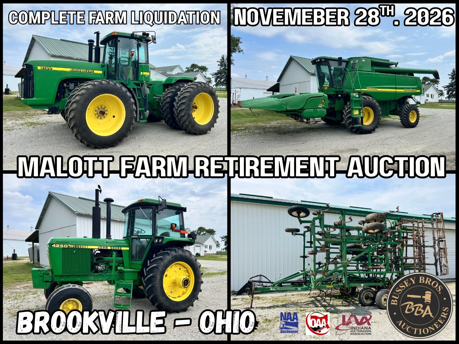 Farm equipment for auction at Malott Farm Retirement Auction in Brookville, Ohio.
