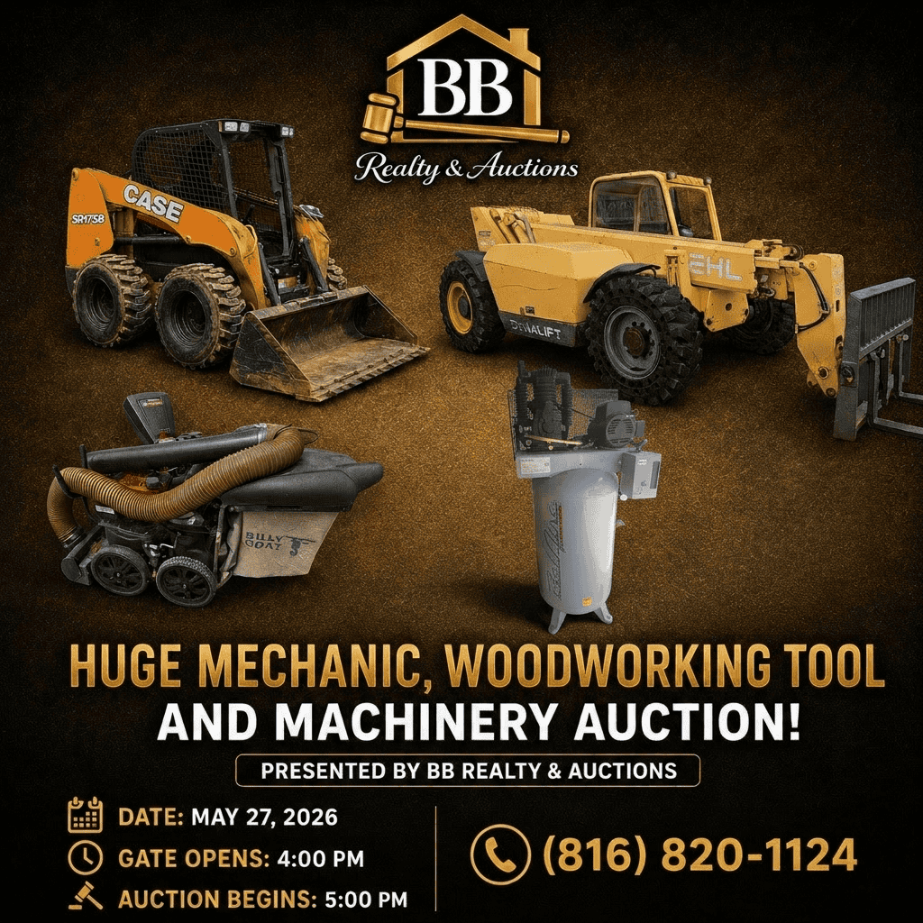 🛠️ HUGE INDEPENDENCE, MO TOOL & MACHINERY AUCTION 🛠️ Info:  https://busybeever.com/huge-independence-mo-mechanic-woodworking-tool-and-machinery-auction/  Address: 23208 East US 24 Hwy Independence, MO 64056 GPS: https://maps.app.goo.gl/qZ92WdT6W4PW5ds26  This Massive 2-Part Retirement Auction Is Loaded With Mechanic Tools, Woodworking Equipment, Heavy Machinery, Shop Inventory, Diagnostic Equipment, Outdoor Equipment, And Brand-New Inventory. Whether You’re A Mechanic, Contractor, Woodworker, Collector, Flipper, Or Online Reseller — This Auction Is Packed With Opportunity.  🚜 FEATURED EQUIPMENT: • 2022 Case SR175B Skid Loader (Under 400 Hours) • Gehl Telehandler DL-6L • Multiple Vehicle & Motorcycle Lifts • Industrial Air Compressors • Huge US General Tool Boxes • Woodworking Machinery & Specialty Shop Equipment  🔧 THOUSANDS OF DOLLARS IN: • Mechanic Tools • Ratchet & Wrench Sets • Diagnostic Equipment • Woodworking Tools • Power Tools • Outdoor Equipment • Brand New In-Box Inventory • Fiber optic splicing and testing equipment  • Commercial Shop Equipment  🔥 Perfect For: • Mechanics • Contractors • Hobbyists • eBay & Online Resellers • Shop Owners • Collectors  📅 May 27th, 2026 🚪 Gates Open At 4:00 PM 🔨 Auction Starts At 5:00 PM  Bring Your Trailer, Bring Your Friends, And Be Ready To Bid — There Are Going To Be Incredible Deals All Night Long.  📞 Questions? Call (816) 820-1124  #KansasCityAuction #IndependenceMO #ToolAuction #MechanicTools #WoodworkingTools #HeavyEquipment #CaseSkidLoader #ShopTools #BusinessLiquidation #MachineryAuction #MissouriAuctions #ResellerLife #ContractorTools #BBRealtyAndAuctions