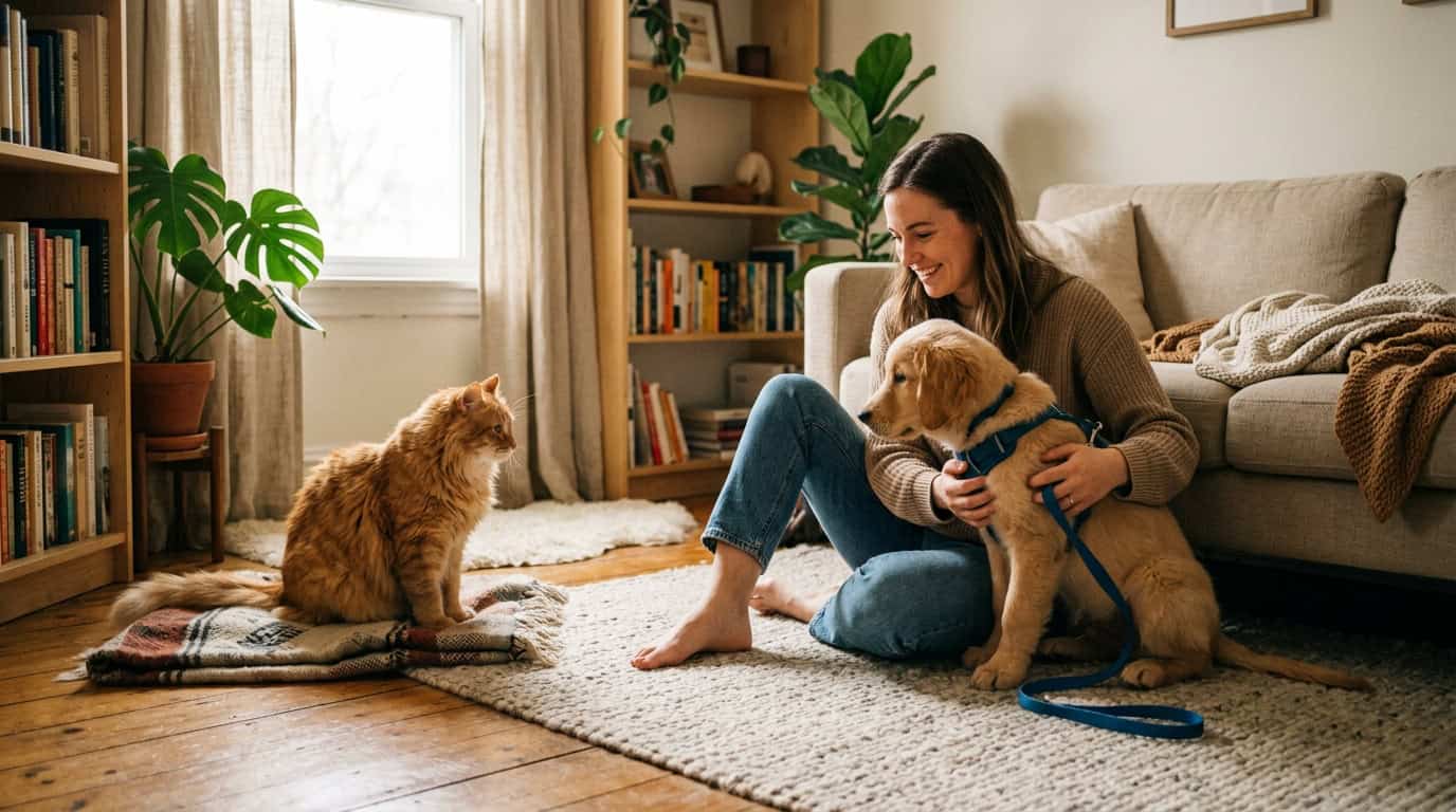 introduce dog to cat apartment — dog and cat meeting calmly for first time with owner present