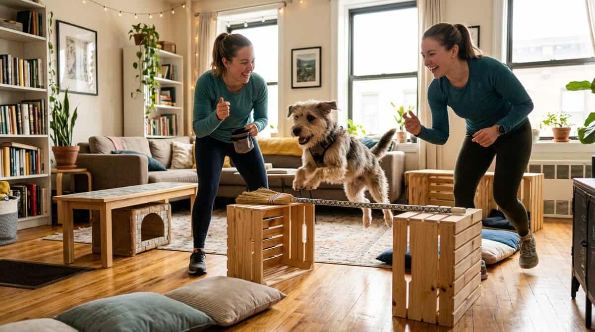 Dog navigating an indoor agility course in an apartment living room