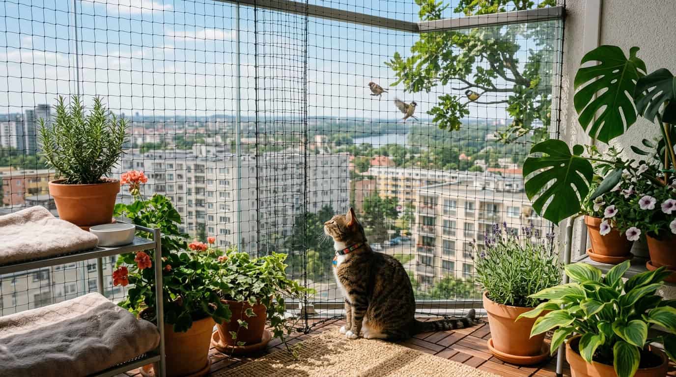 Cat sitting safely inside a mesh enclosure on apartment balcony