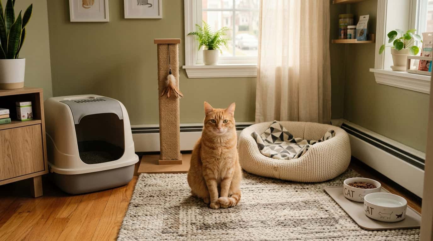 Cat safe room setup with litter box, bed and scratching post in apartment