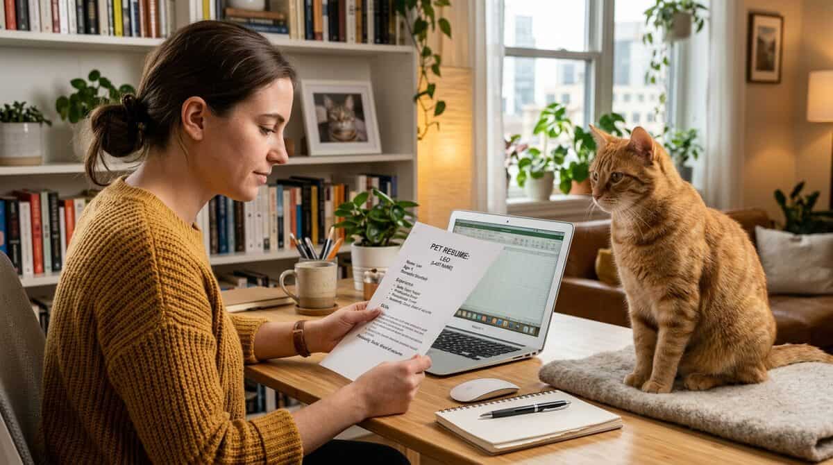 Pet owner reviewing pet resume document with cat sitting beside them