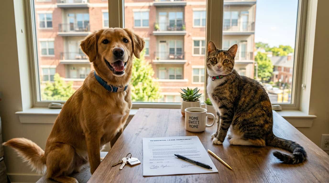 Happy dog and cat sitting beside signed lease agreement on table