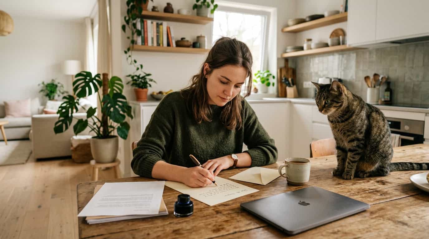 Person writing a formal letter with cat watching nearby in an apartment