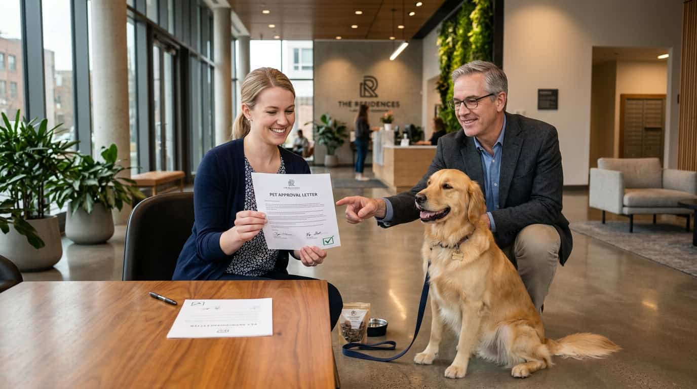 Landlord and tenant reviewing pet approval letter in apartment lobby with friendly dog