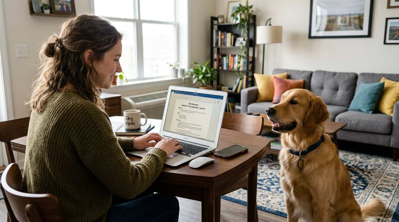 Person creating a pet resume on laptop with golden retriever beside them