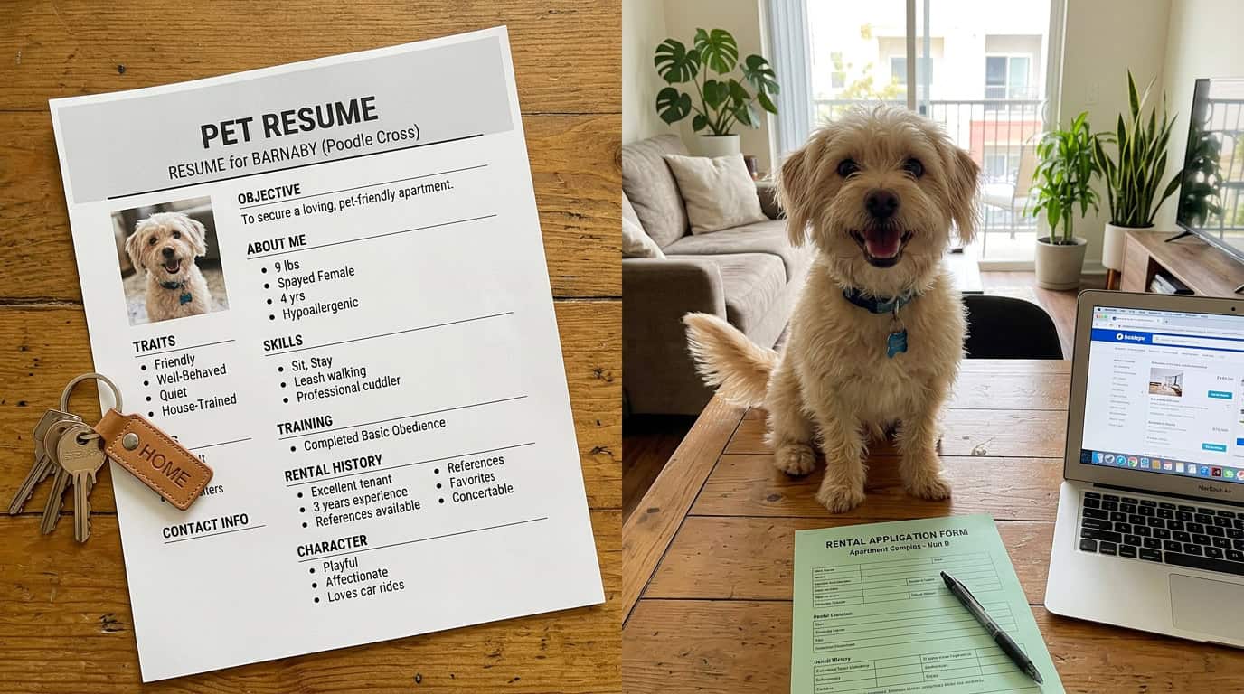 Professional pet resume document on desk next to a small dog and apartment keys