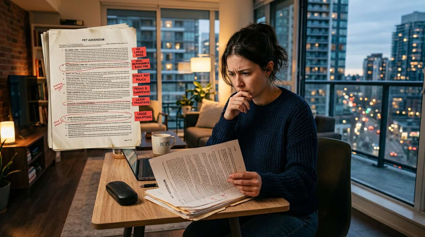 Tenant reading pet addendum lease document with red warning flags