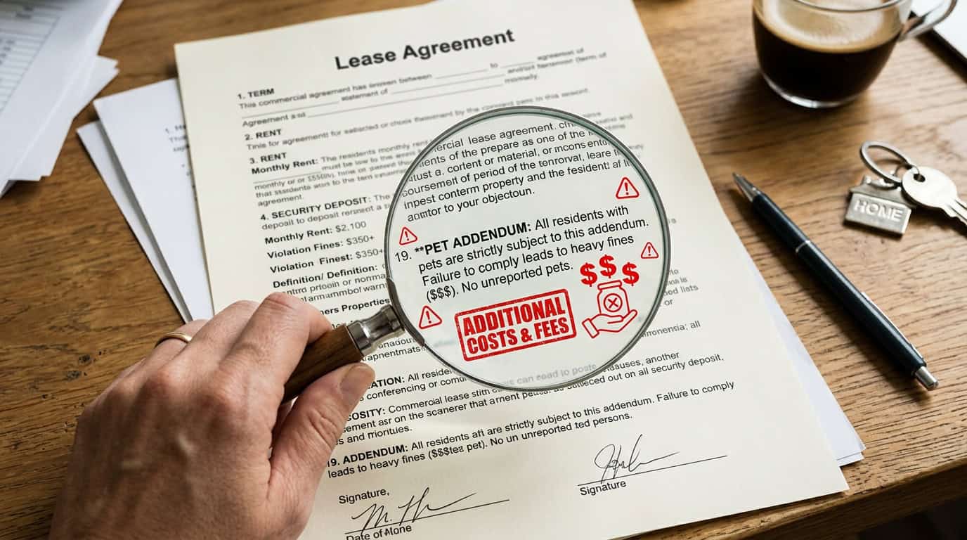 Lease agreement with magnifying glass highlighting pet addendum clauses