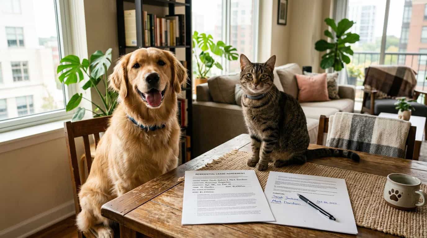 Happy dog and cat next to a signed lease agreement in apartment