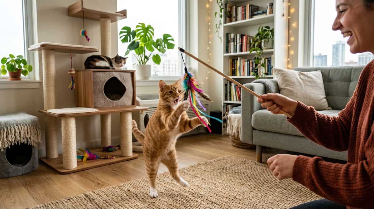 Cat happily playing with interactive feather wand toy in cozy apartment
