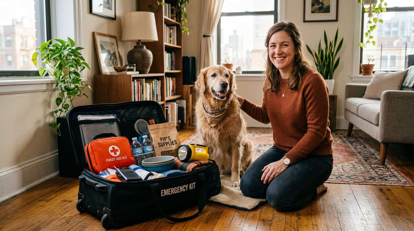 pet emergency preparedness apartment — owner with dog and emergency kit including pet supplies