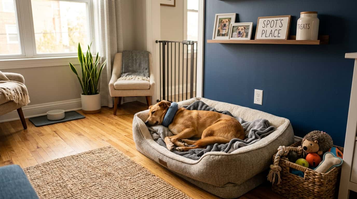 Dog relaxing in a designated dog-safe room in a small apartment