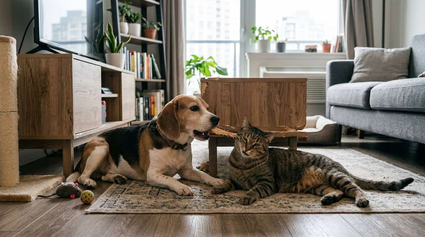 Cat and dog showing signs of boredom in apartment