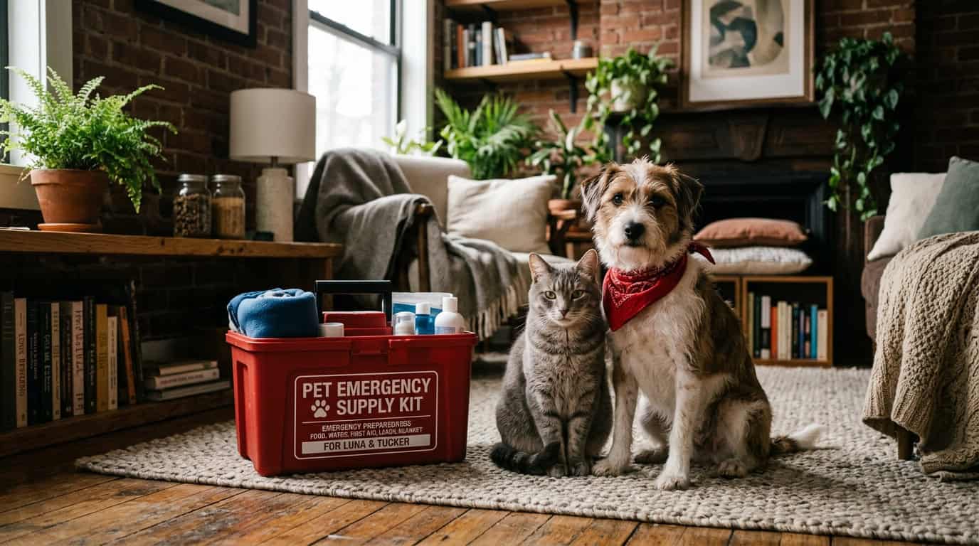 Cat and dog sitting near a pet emergency supply box in an apartment