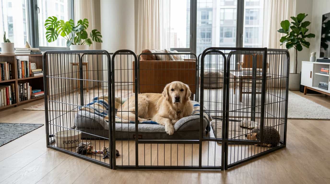 Dog relaxing inside a heavy-duty exercise pen in an apartment