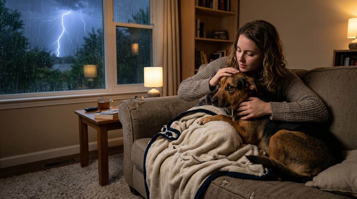 Owner comforting anxious dog during thunderstorm on couch