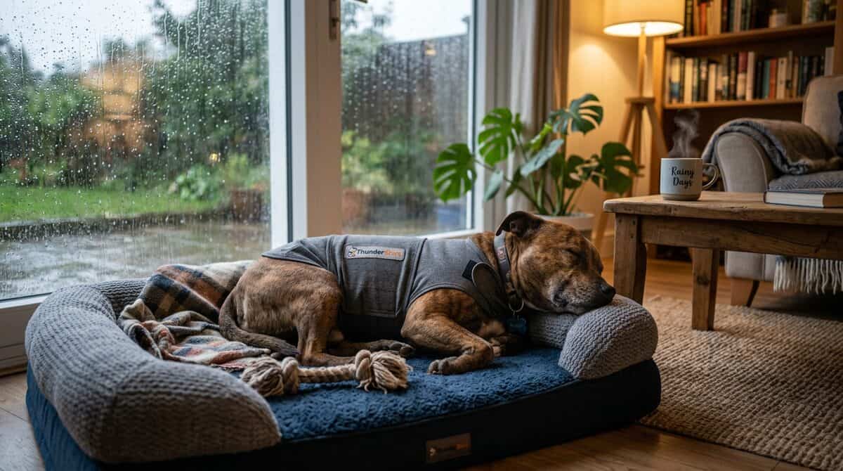 Dog wearing a thunder shirt staying calm during a storm