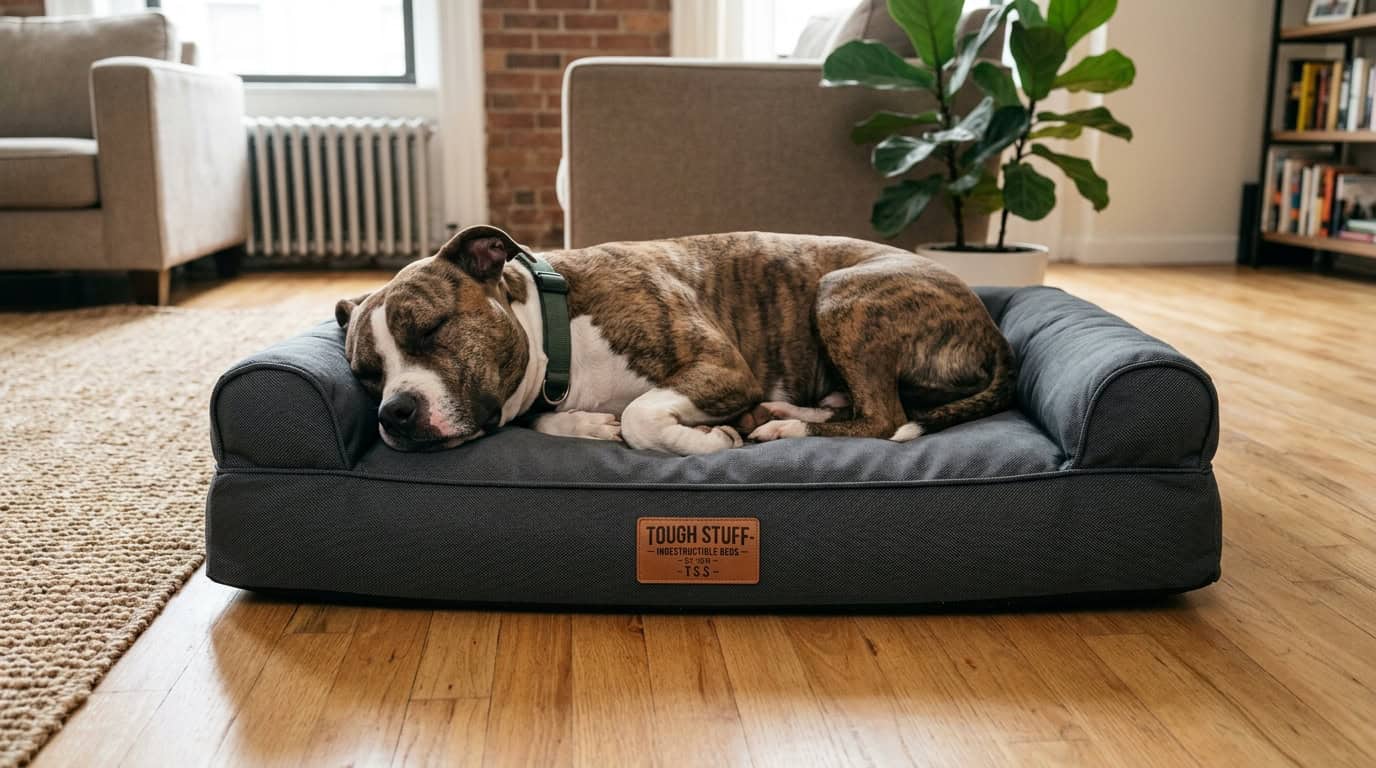Large dog resting on an indestructible ballistic nylon dog bed in an apartment