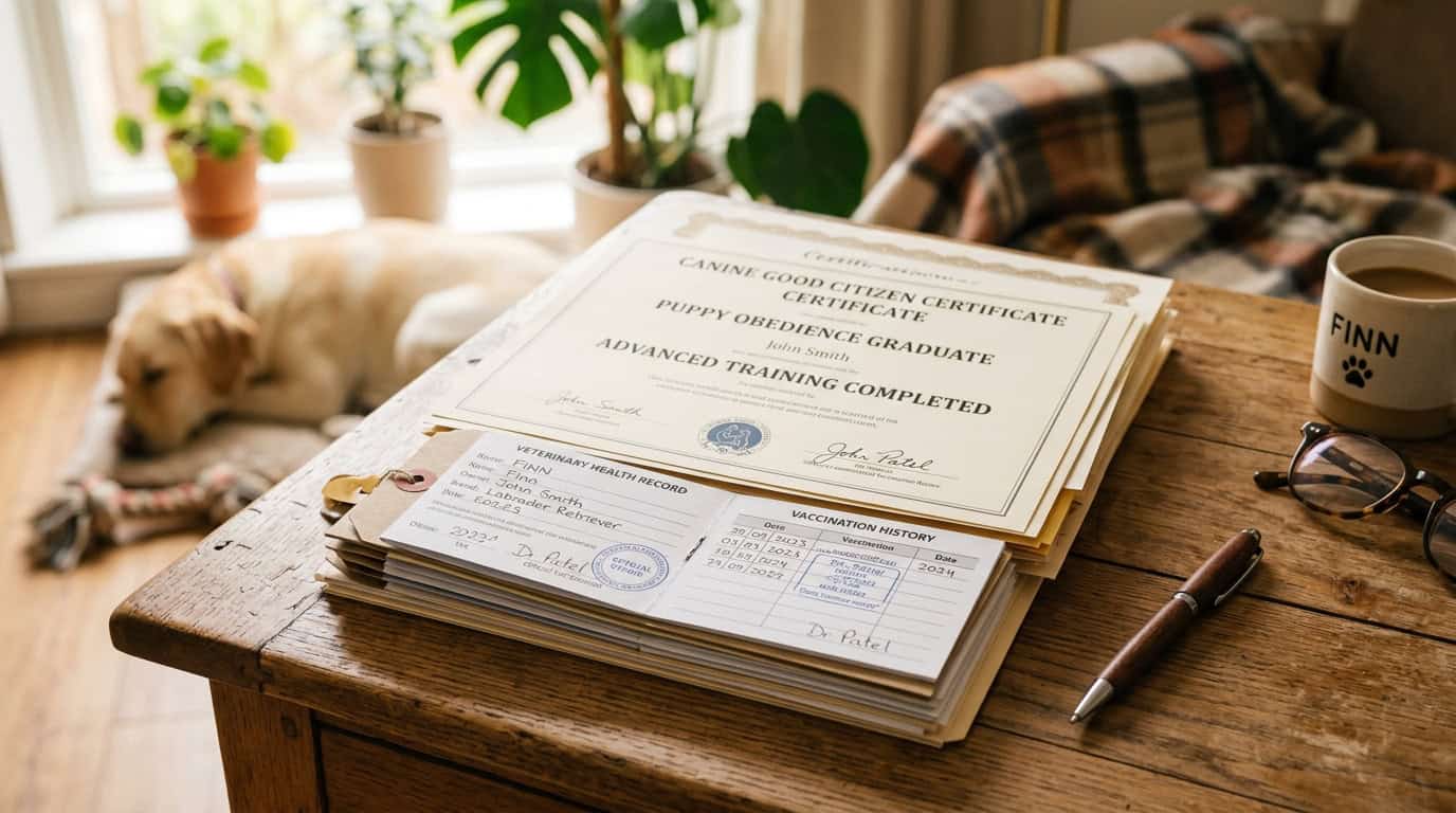 Stack of dog training certificates and vaccination records on a wooden desk