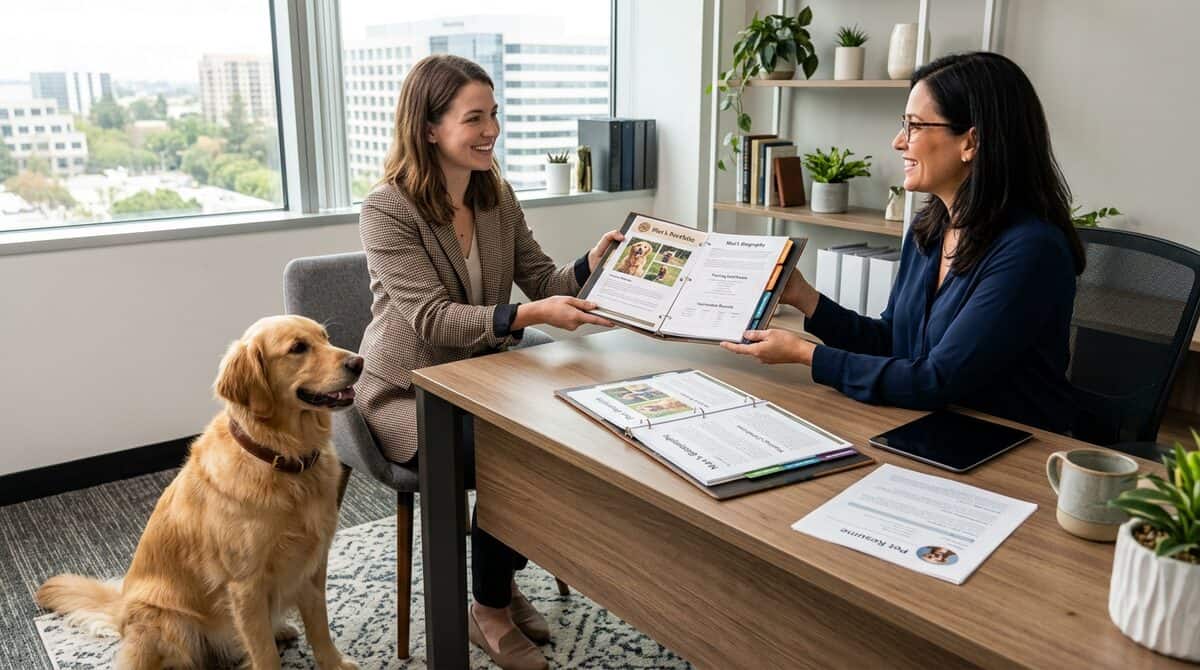 Pet owner presenting a portfolio to a landlord with a calm golden retriever sitting beside them