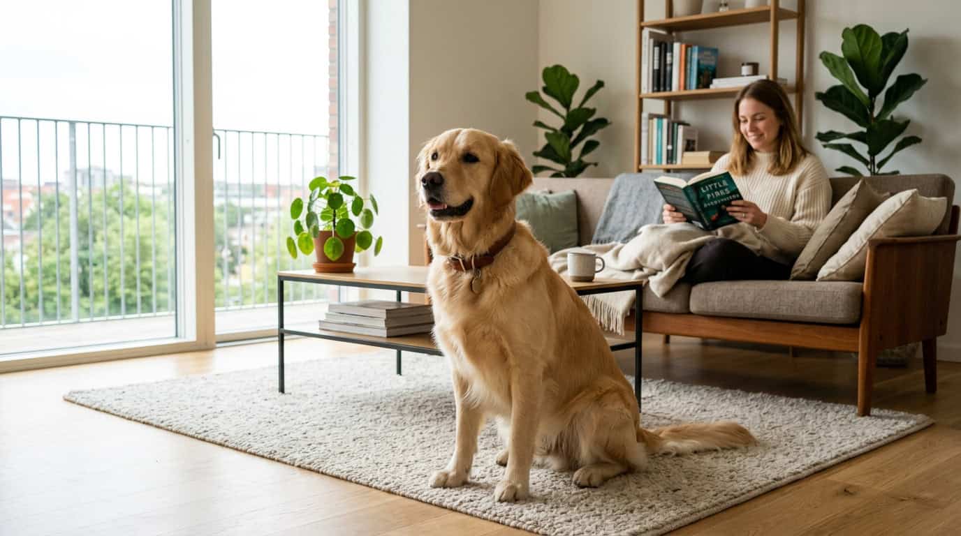 Well-behaved dog sitting calmly in a tidy modern apartment, owner reading in background