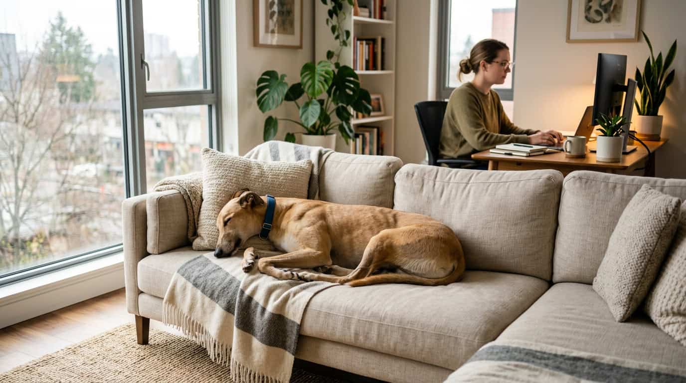 A relaxed low-maintenance dog breed resting in a modern apartment