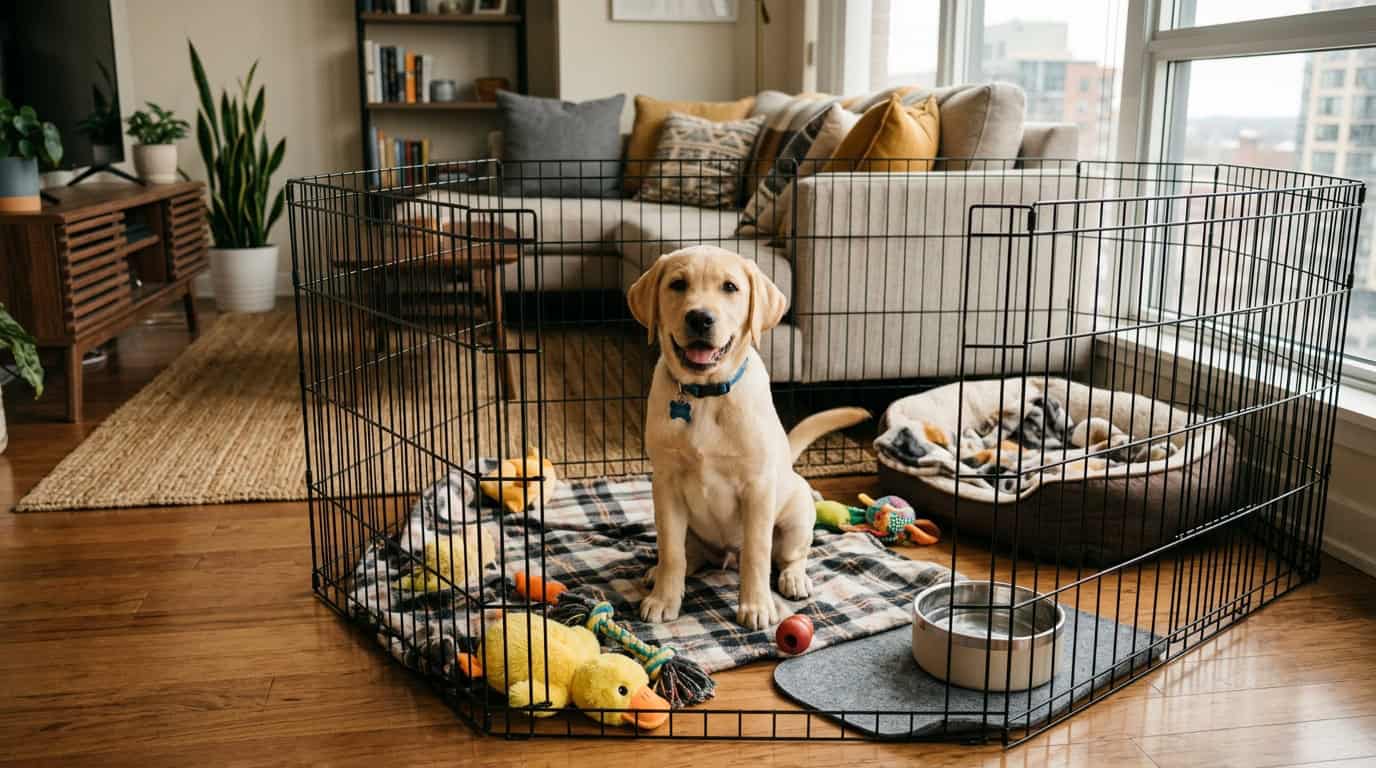 Labrador puppy in a freestanding exercise pen inside an apartment with toys and water bowl