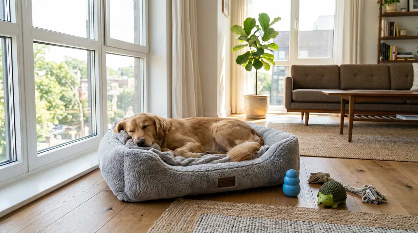 Relaxed dog on cozy bed in bright apartment with interactive toys
