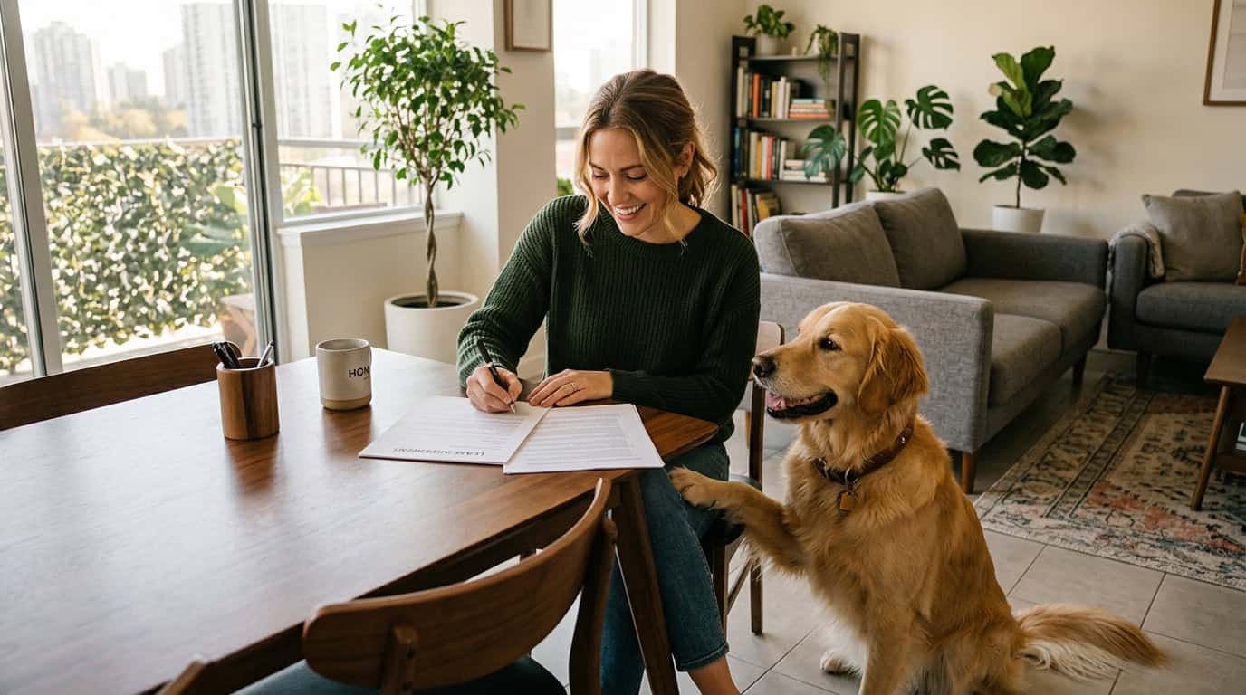 Tenant signing a pet-friendly lease with their golden retriever in a modern apartment