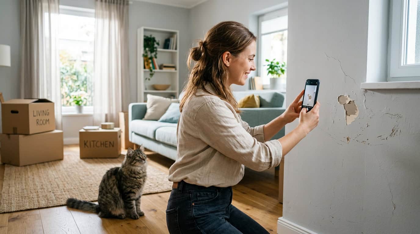 Person photographing apartment wall with smartphone for move-in inspection, cat watching