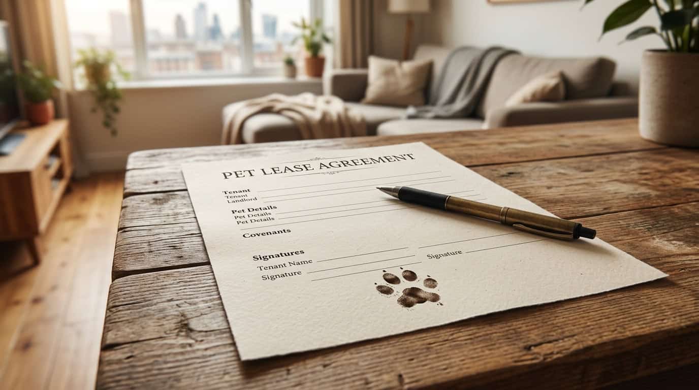 Pet lease agreement document on a wooden desk with a dog paw print visible
