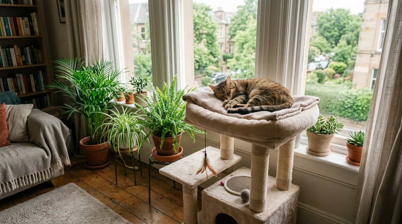 Calm cat resting on cat tree near apartment window with plants